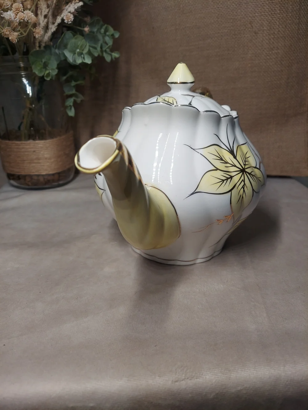 Vintage Royal Sealy Japan Yellow Leaf & Gold Trim Fluted Ceramic Teapot with Lid